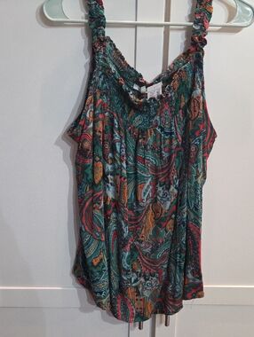 Smocked  TopPaisley Tank Top in Teal and Coral - Lightweight Women's Top